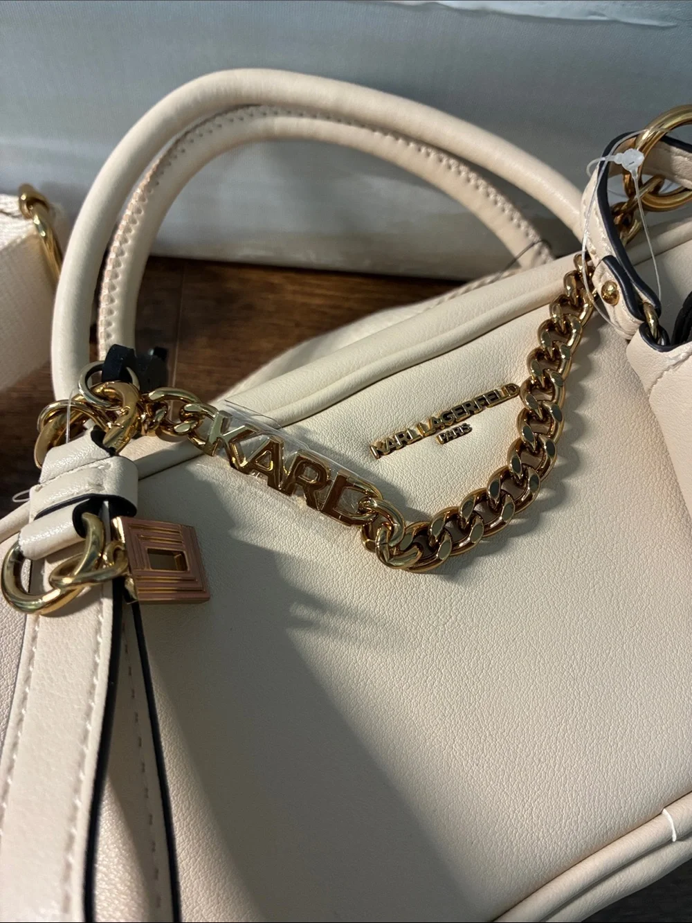 Karl Lagerfeld Cream Satchel with Gold Chain and Charm